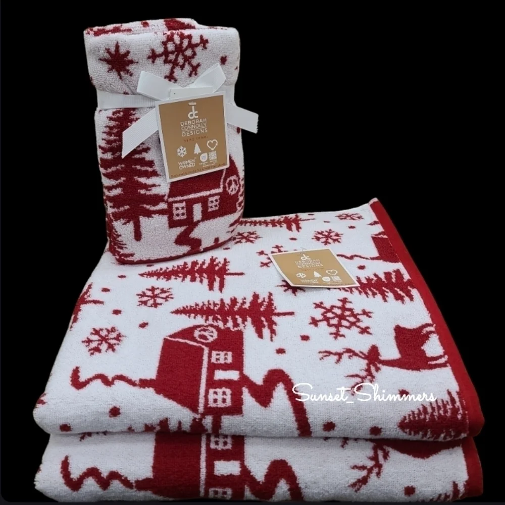 x4 Deborah Connolly Cozy Cabin  Snowflake Reindeer Christmas Bath Hand Towel Set